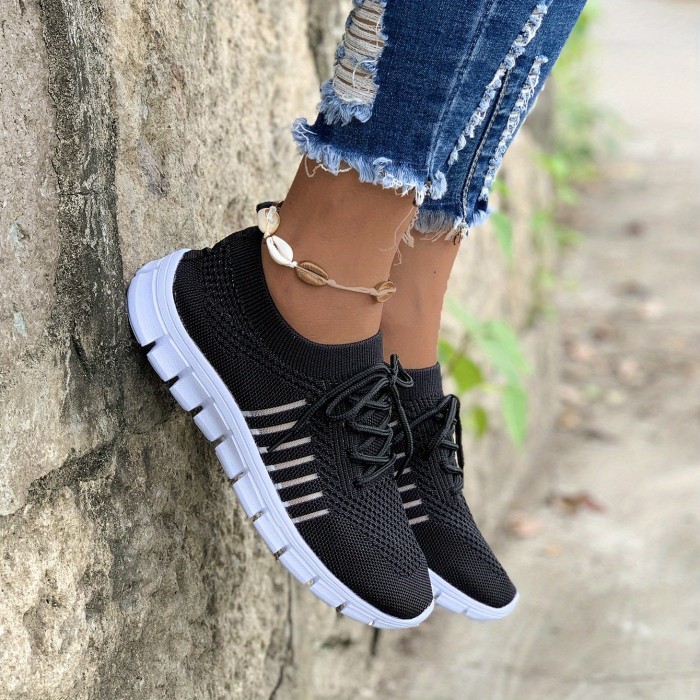 Women's Knit Lightweight Mesh Sneakers, Breathable Mesh Lace-Up Running Shoes, Women's Footwear