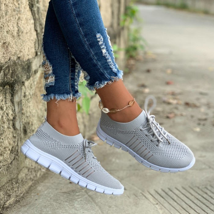 Women's Knit Lightweight Mesh Sneakers, Breathable Mesh Lace-Up Running Shoes, Women's Footwear