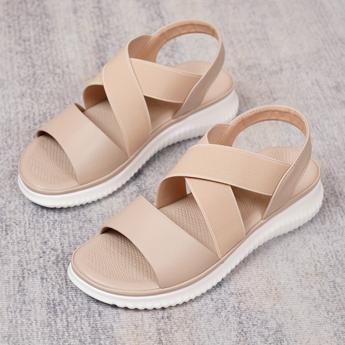 Women's Casual Flat Sandals, Elastic Crisscross Band Open Toe Shoes, Comfortable Slip On Summer Sandals