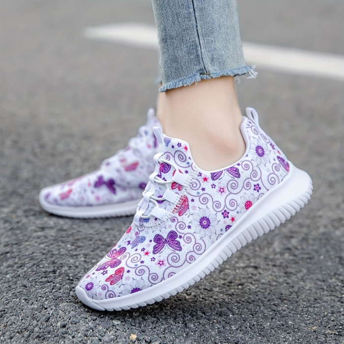 Women's Flower & Butterfly Pattern Sneakers, Casual Lace Up Outdoor Shoes, Comfortable Low Top Shoes