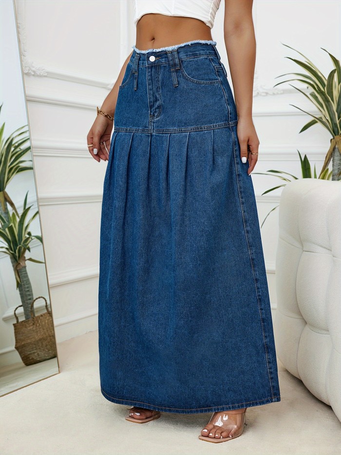 Raw Seam Detail Waist Pleated Denim Skirt, Plain Washed Blue Retro Style Maxi Denim Skirt, Women's Denim Jeans & Clothing