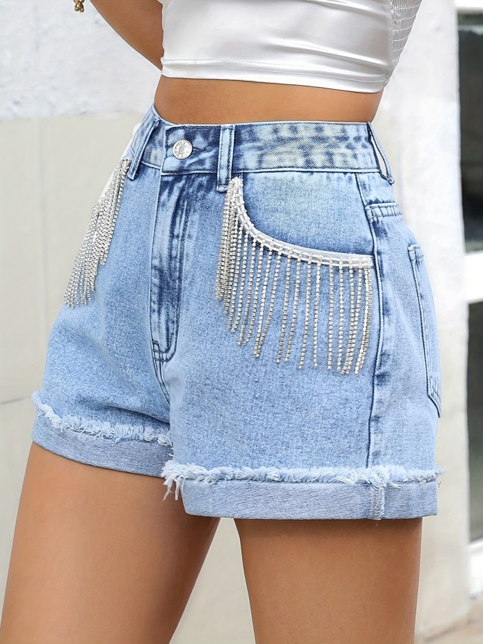 Fringe Detail Slash Pocket Raw Seam Cuffed Hem Denim Shorts, High Rise Washed Blue Retro Party Carnaval Denim Shorts, Women's Denim Jeans & Clothing