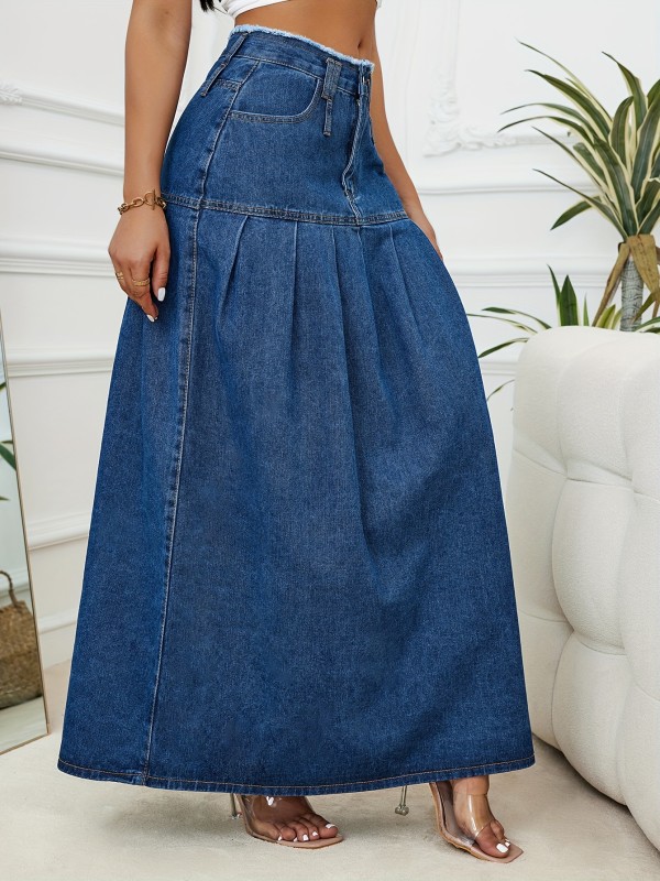 Raw Seam Detail Waist Pleated Denim Skirt, Plain Washed Blue Retro Style Maxi Denim Skirt, Women's Denim Jeans & Clothing