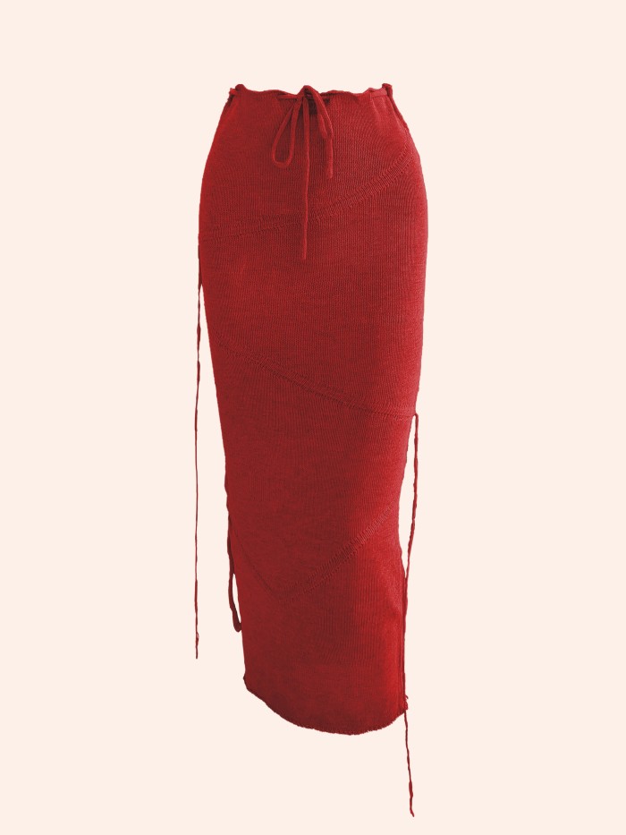 Solid Knitted Drawstring Waist Side Shirring Skirt, Casual Asymmetrical Ankle Skirt. Women's Clothing
