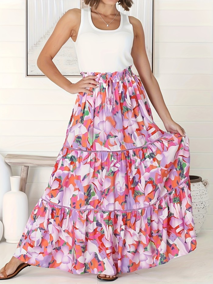 Floral Allover Print Skirt, Vacation Paperbag Waist Swing Skirt, Women's Clothing