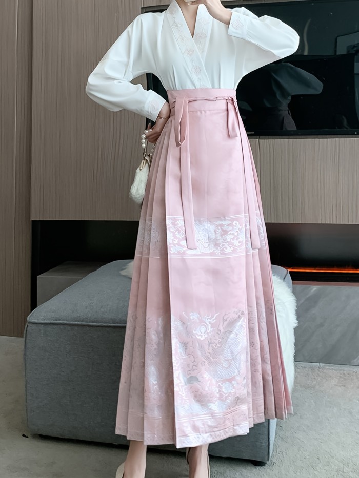 Floral Print High Waist Skirt, Casual Pleated Tie Waist Chinese Horse Face Skirt For Festival, Women's Clothing