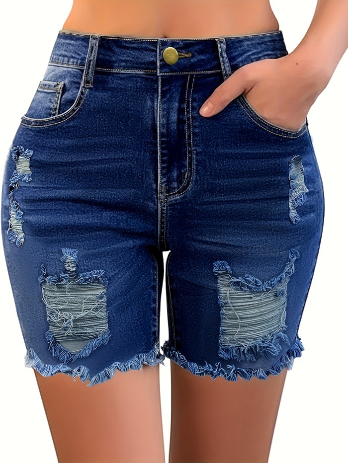 Raw Hem High Waist Ripped Denim Shorts, Slant Pocket Summer Trendy Biker Denim Shorts, Women's Denim Jeans & Clothing