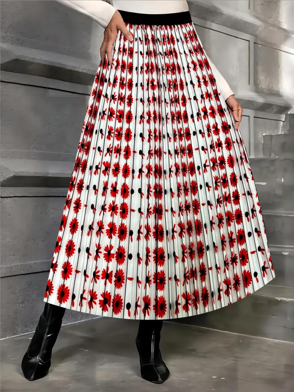 Floral Print Elastic Waist Skirt, Elegant Pleated Skirt For Spring & Summer, Women's Clothing