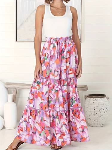 Floral Allover Print Skirt, Vacation Paperbag Waist Swing Skirt, Women's Clothing