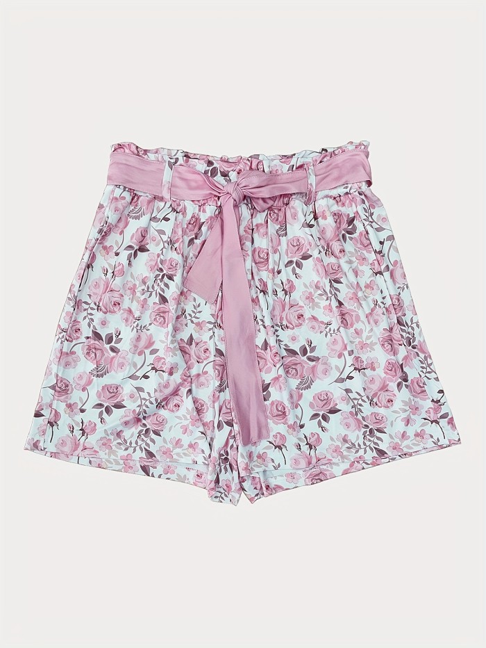 Floral Print High Waist Shorts, Casual Dual Pockets Belted Shorts For Spring & Summer, Women's Clothing