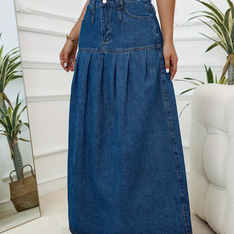 Raw Seam Detail Waist Pleated Denim Skirt, Plain Washed Blue Retro Style Maxi Denim Skirt, Women's Denim Jeans & Clothing