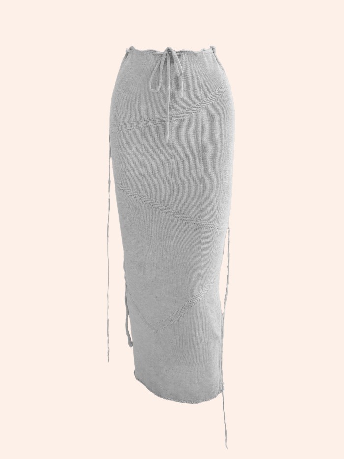 Solid Knitted Drawstring Waist Side Shirring Skirt, Casual Asymmetrical Ankle Skirt. Women's Clothing