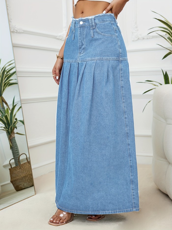 Raw Seam Detail Waist Pleated Denim Skirt, Plain Washed Blue Retro Style Maxi Denim Skirt, Women's Denim Jeans & Clothing