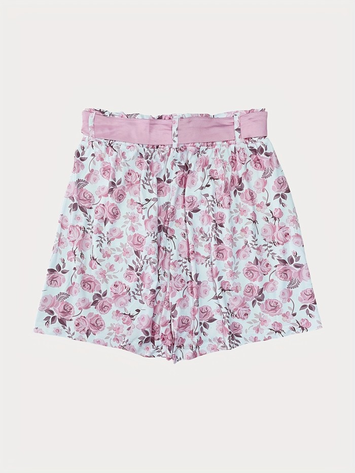 Floral Print High Waist Shorts, Casual Dual Pockets Belted Shorts For Spring & Summer, Women's Clothing