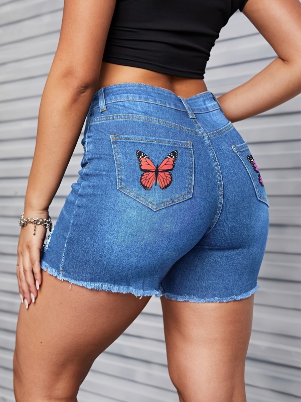 Butterfly Print Patch Pocket Ripped Denim Shorts, High Rise Raw Hem Distressed Washed Denim Shorts, Women's Denim Jeans & Clothing