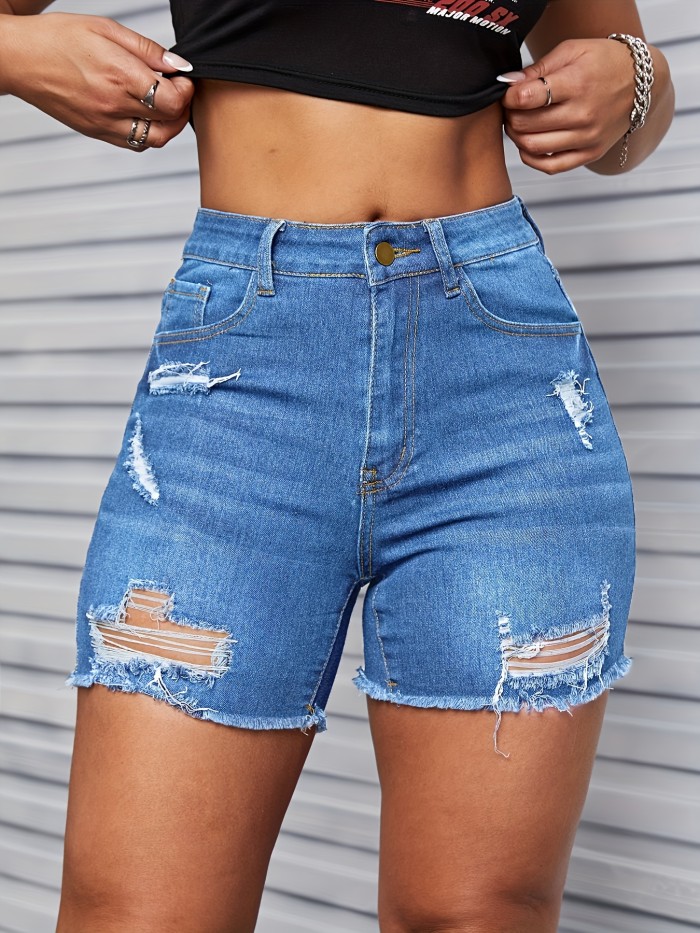 Butterfly Print Patch Pocket Ripped Denim Shorts, High Rise Raw Hem Distressed Washed Denim Shorts, Women's Denim Jeans & Clothing