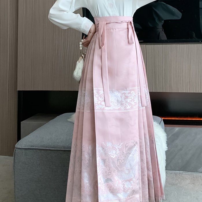 Floral Print High Waist Skirt, Casual Pleated Tie Waist Chinese Horse Face Skirt For Festival, Women's Clothing