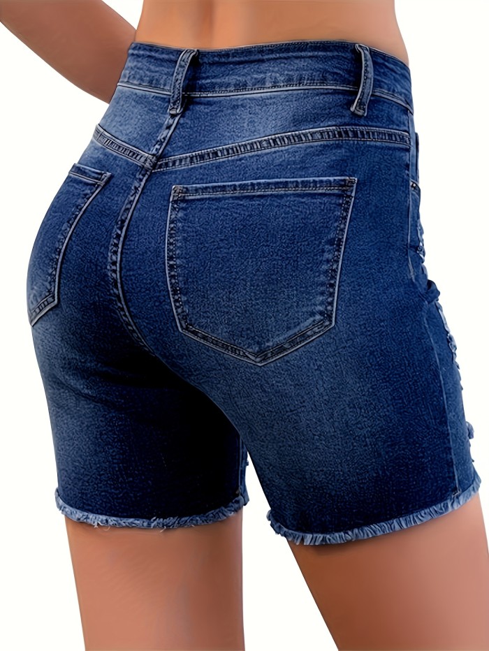 Raw Hem High Waist Ripped Denim Shorts, Slant Pocket Summer Trendy Biker Denim Shorts, Women's Denim Jeans & Clothing