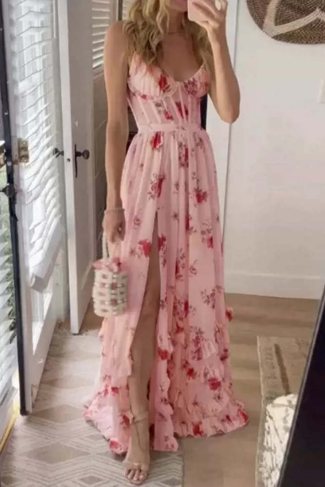 Sweet Elegant Floral Slit U Neck Sling Dress Dresses