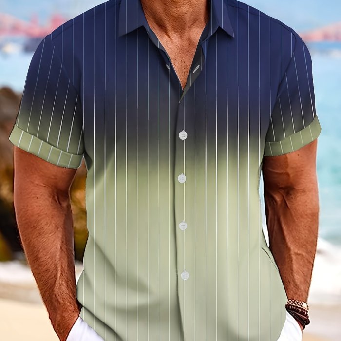 Gradient And Strip Digital Print Men's Short Sleeve Button Down Shirt For Summer Resort Vacation, Men's Leisurewear