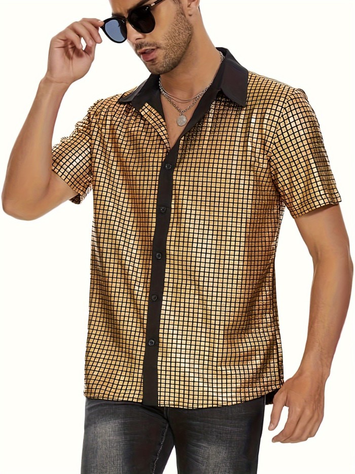 Men's Casual Sequin Lapel Short Sleeve Shirt, Chic Mature Button Up Shirt