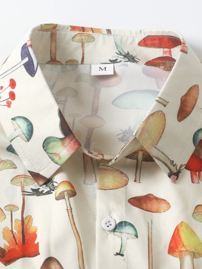 Men's Casual Mushroom Print Long Sleeve Shirt, Chic Button Up Shirt