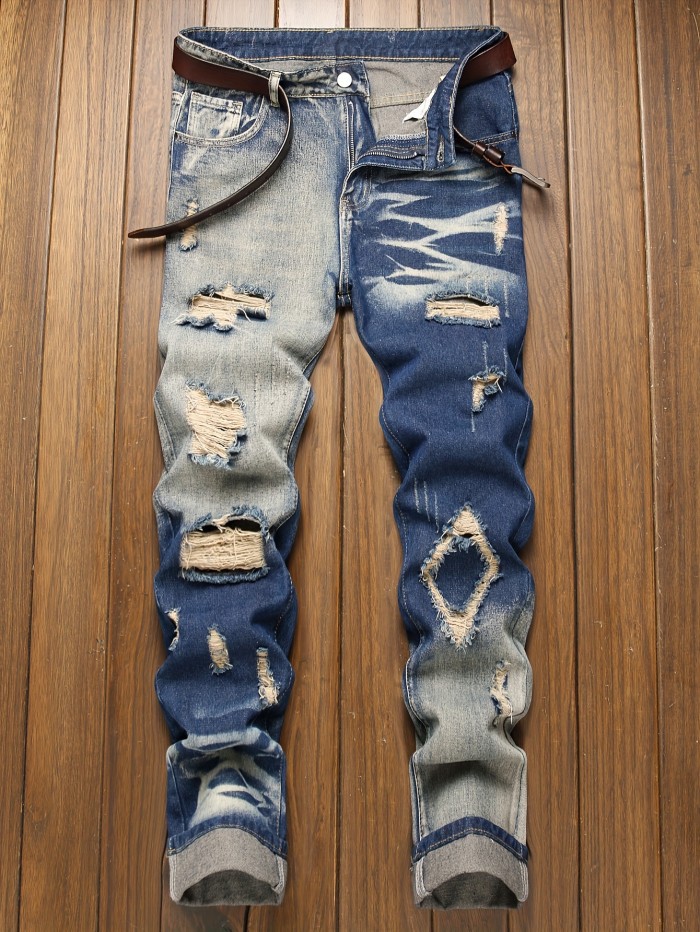 Men's Slim Fit Ripped Jeans - Casual Street Style Distressed Denim for a Trendy Look