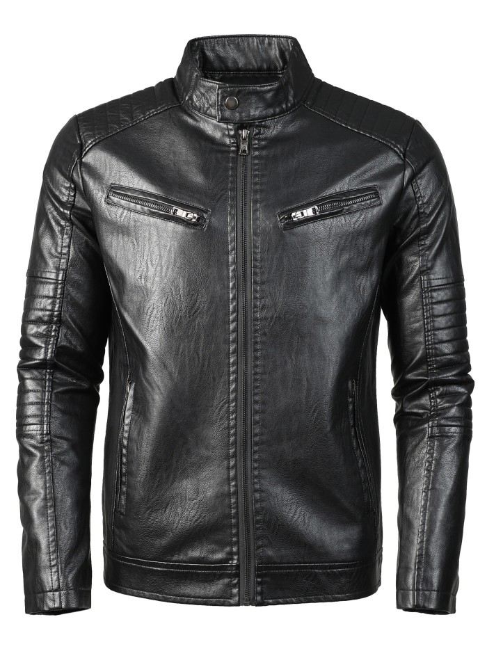 Men's Casual PU Leather Jacket, Chic Zip Up Biker Jacket