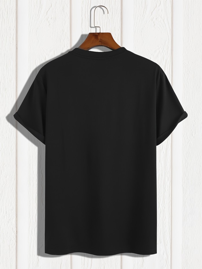 Men's Digital Hello World Print Short Sleeve T-Shirts, Comfy Casual Elastic Crew Neck Tops, Men's Clothing