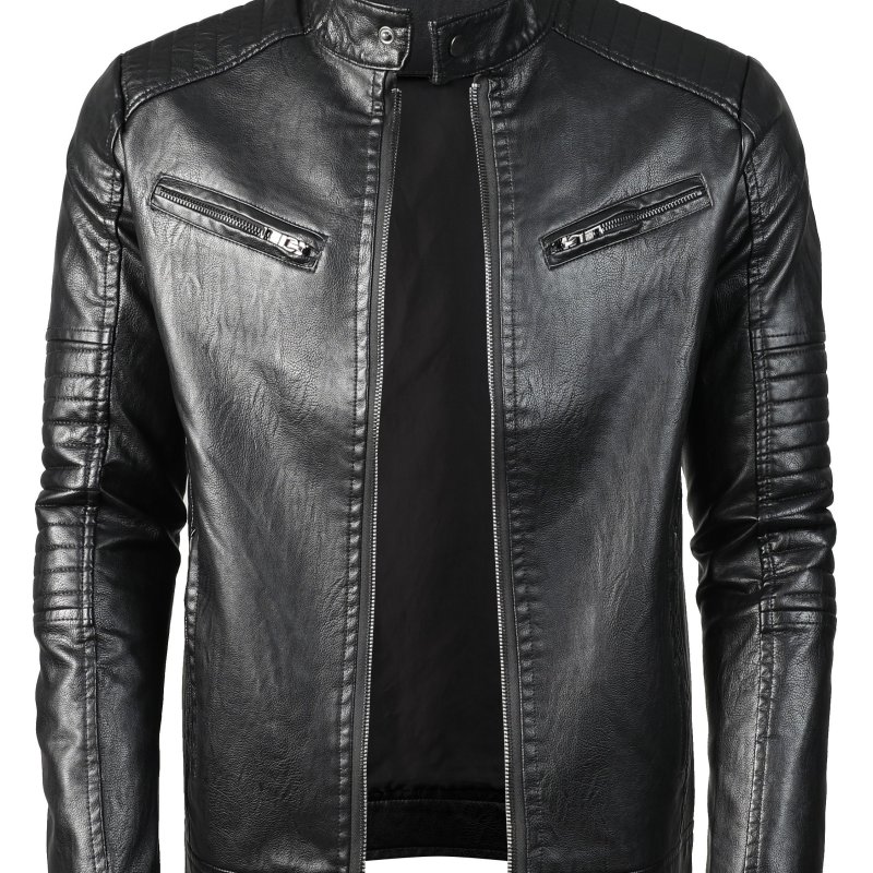 Men's Casual PU Leather Jacket, Chic Zip Up Biker Jacket