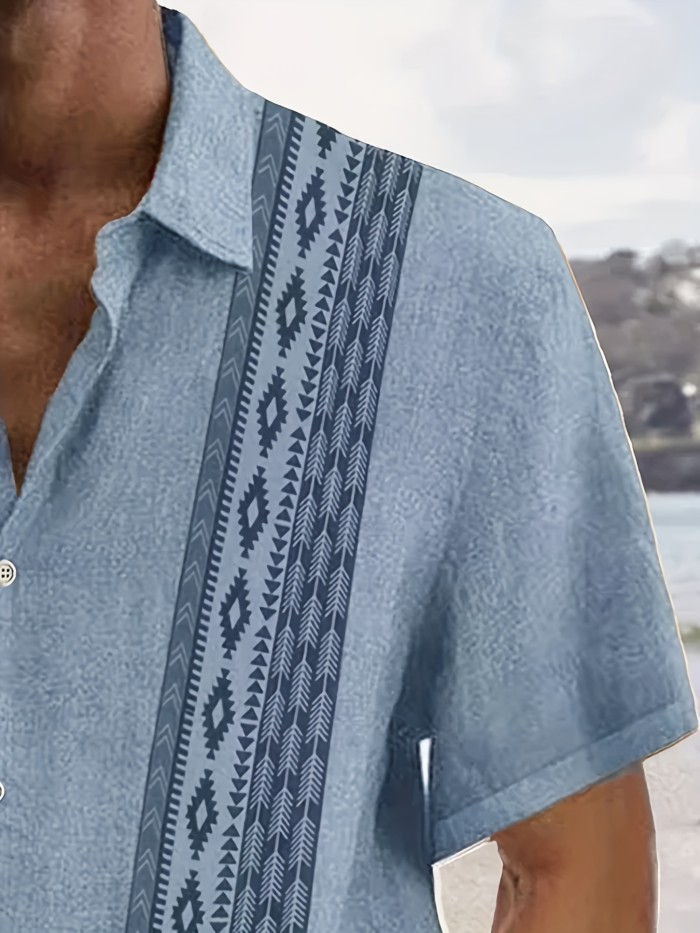 Retro Style Stripe Print Men's Casual Short Sleeve Shirt, Men's Shirt For Summer Vacation Resort, Tops For Men, Gift For Men