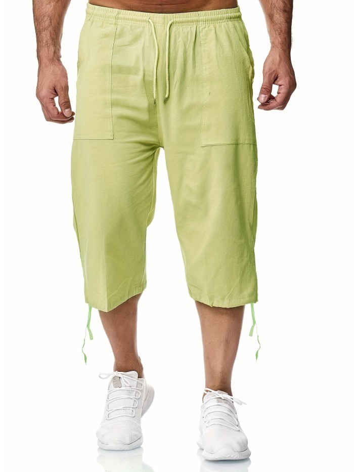 Comfy Cropped Shorts, Men's Casual Solid Color Waist Drawstring Active Shorts For Summer Fitness