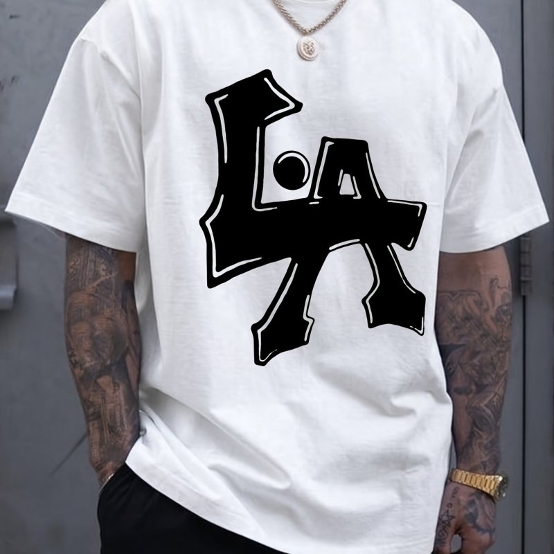 Men's Los Angeles Print Short Sleeve T-Shirts, Comfy Casual Elastic Crew Neck Tops, Men's Clothing