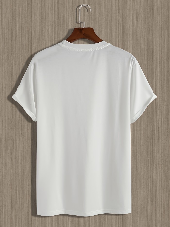 Men's Digital Hello World Print Short Sleeve T-Shirts, Comfy Casual Elastic Crew Neck Tops, Men's Clothing