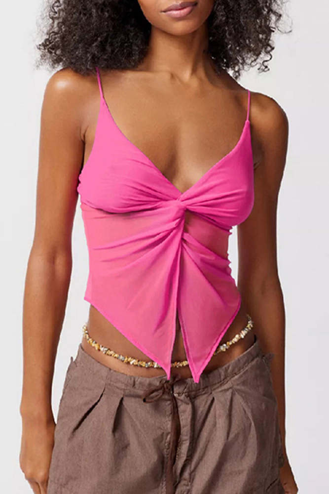 Sexy Solid Mesh With Bow V Neck Tops