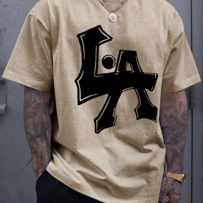 Men's Los Angeles Print Short Sleeve T-Shirts, Comfy Casual Elastic Crew Neck Tops, Men's Clothing