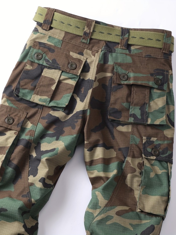 Cotton Blend Camo Multi Flap Pockets Men's Straight Leg Cargo Pants, Loose Casual Outdoor Pants, Tactical Work Pants For Men