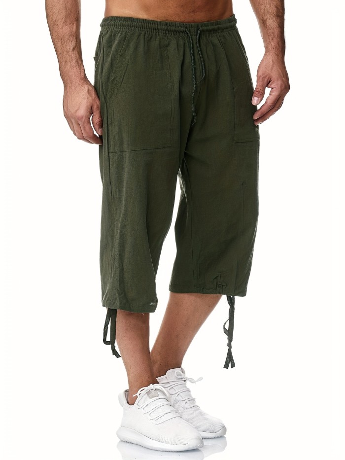 Comfy Cropped Shorts, Men's Casual Solid Color Waist Drawstring Active Shorts For Summer Fitness