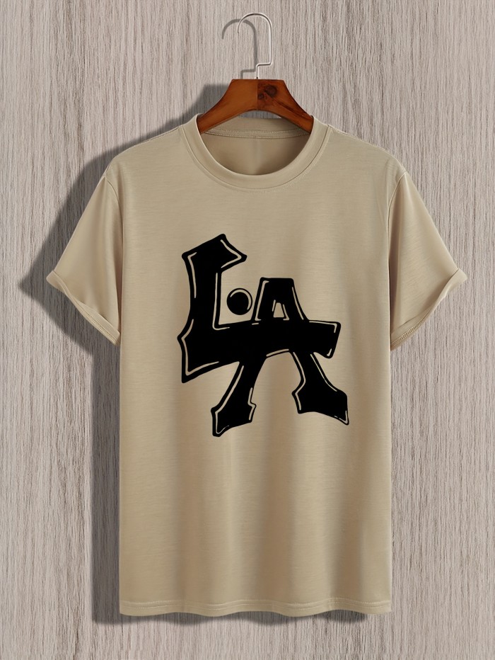 Men's Los Angeles Print Short Sleeve T-Shirts, Comfy Casual Elastic Crew Neck Tops, Men's Clothing