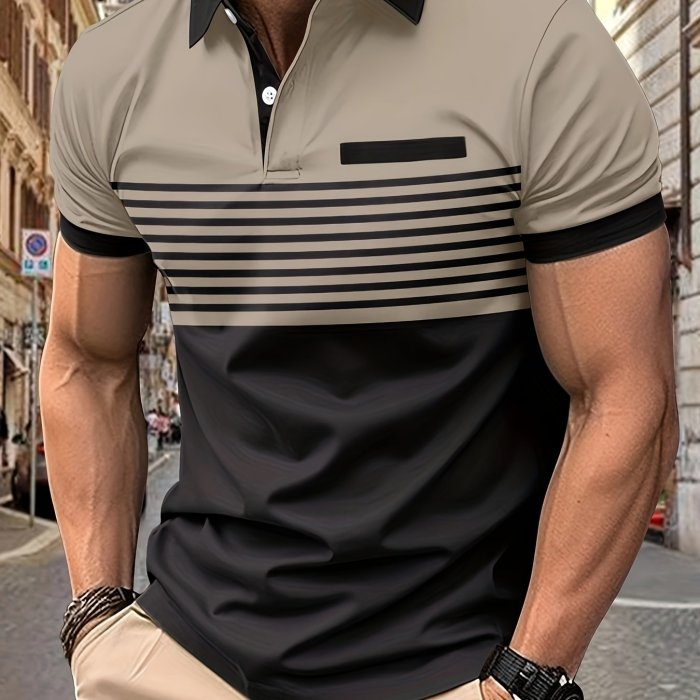 Striped Men's Casual Color Block Short Sleeve Lapel Shirt With Chest Pocket For Summer Golf