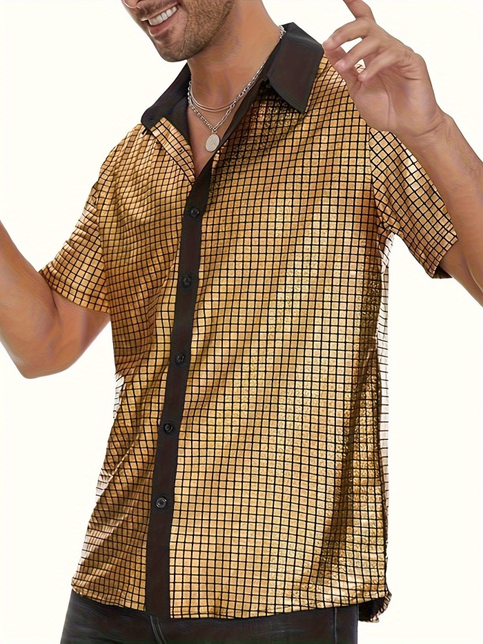 Men's Casual Sequin Lapel Short Sleeve Shirt, Chic Mature Button Up Shirt