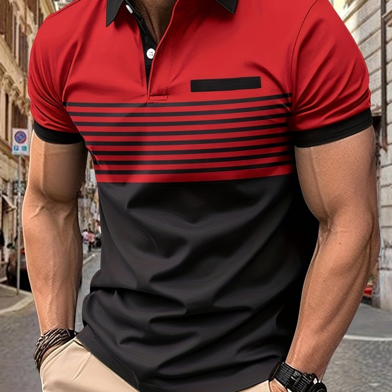 Striped Men's Casual Color Block Short Sleeve Lapel Shirt With Chest Pocket For Summer Golf