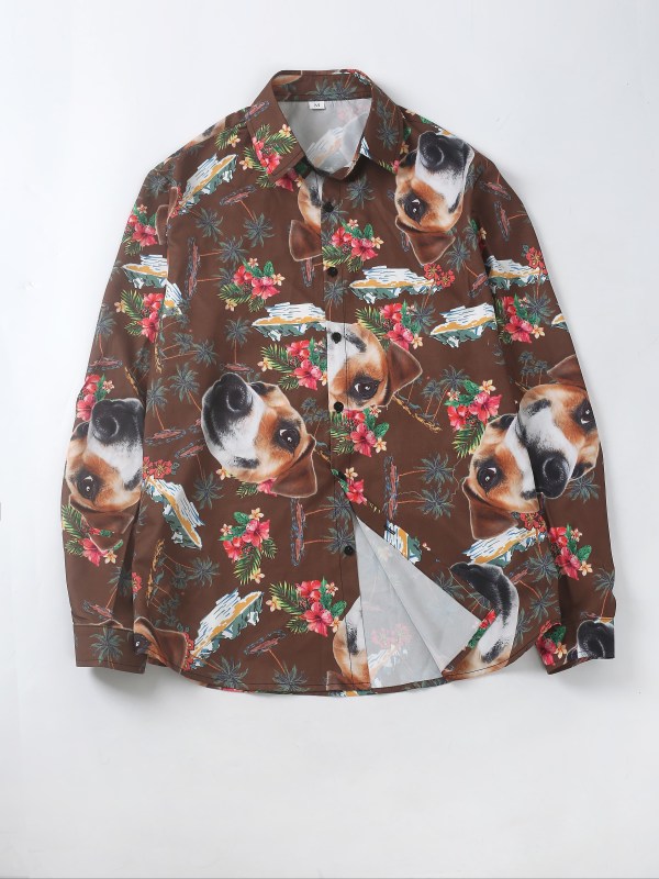 Men's Dogs Print Shirt, Casual Breathable Lapel Button Up Long Sleeve Shirt For Spring Fall