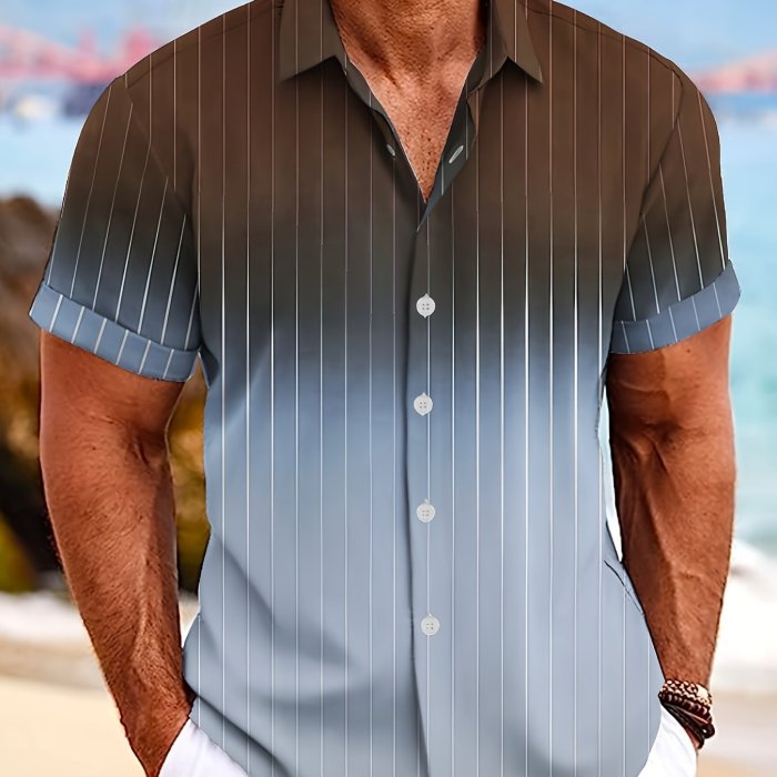 Gradient And Strip Digital Print Men's Short Sleeve Button Down Shirt For Summer Resort Vacation, Men's Leisurewear