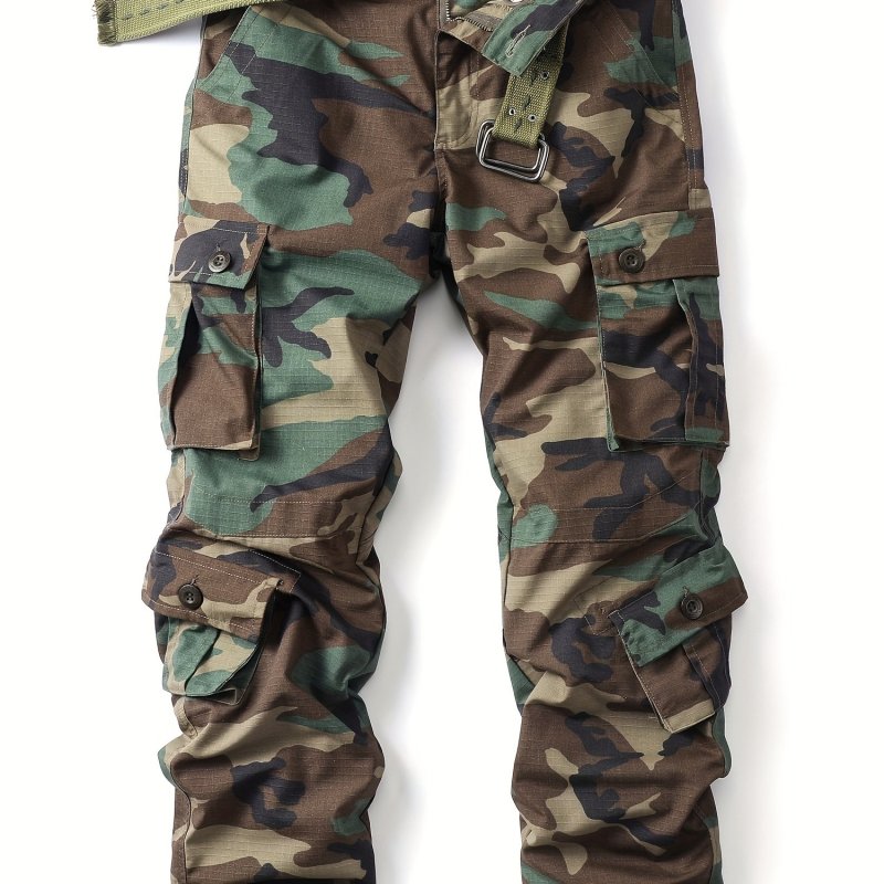 Cotton Blend Camo Multi Flap Pockets Men's Straight Leg Cargo Pants, Loose Casual Outdoor Pants, Tactical Work Pants For Men