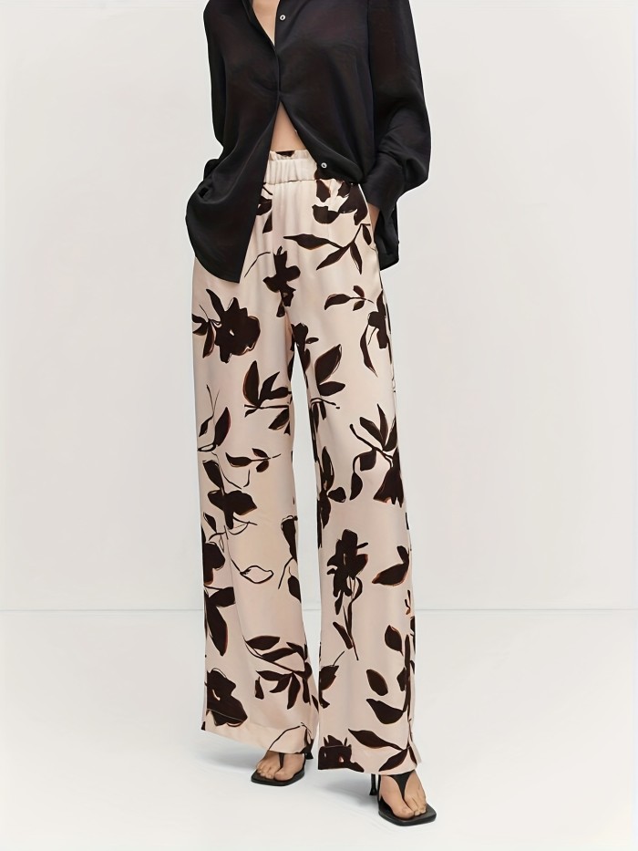 Plus Size Casual Pants, Women's Plus Floral Print Elastic High Rise Slight Stretch Wide Leg Trousers With Pockets
