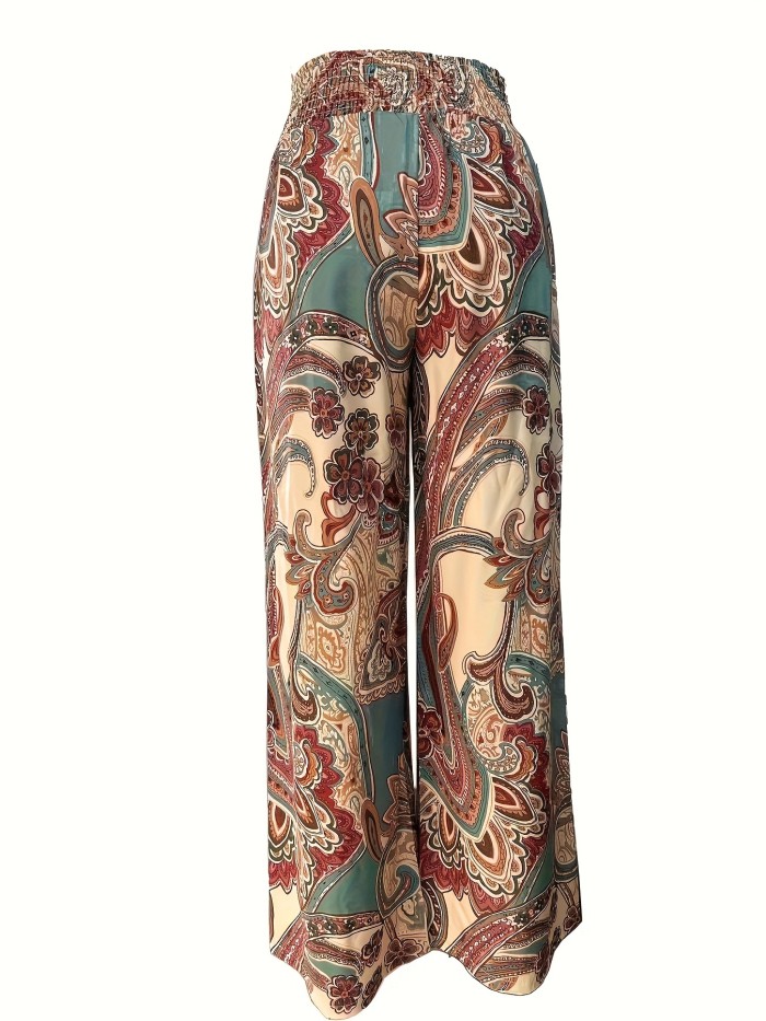 Paisley Print Tie Waist Pants, Vacation Boho Wide Leg Pants For Spring & Summer, Women's Clothing