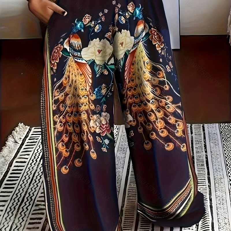 Plus Size Retro Pants, Women's Plus Floral Peacock Print Elastic High Rise Medium Stretch Wide Leg Trousers