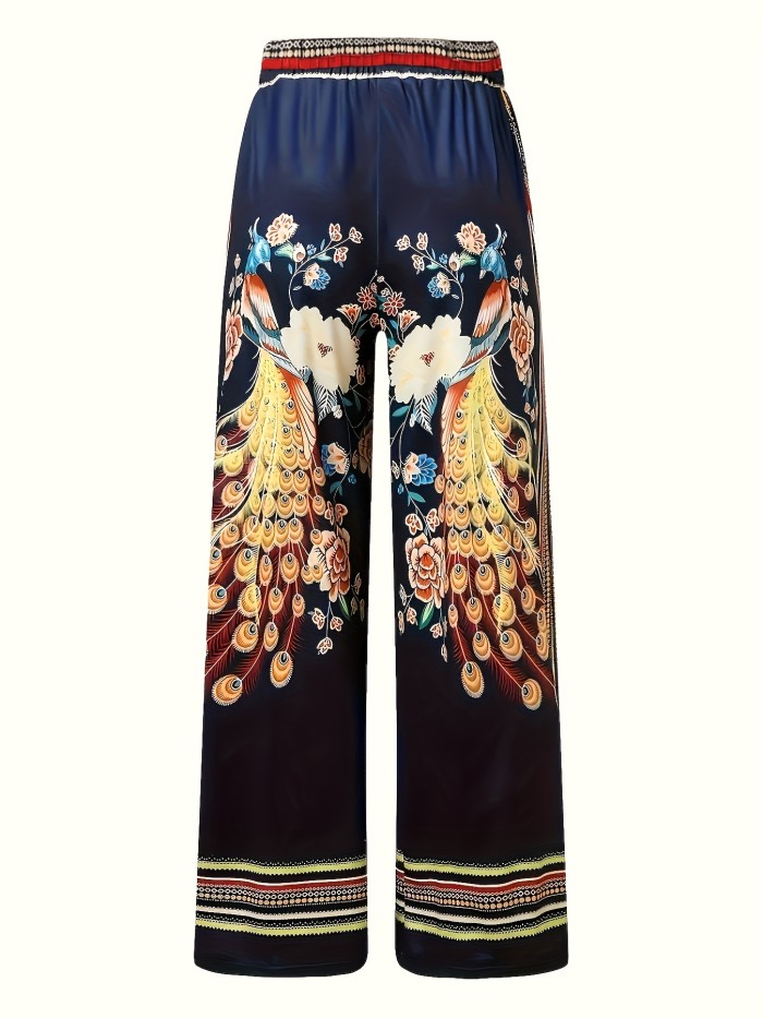 Plus Size Retro Pants, Women's Plus Floral Peacock Print Elastic High Rise Medium Stretch Wide Leg Trousers