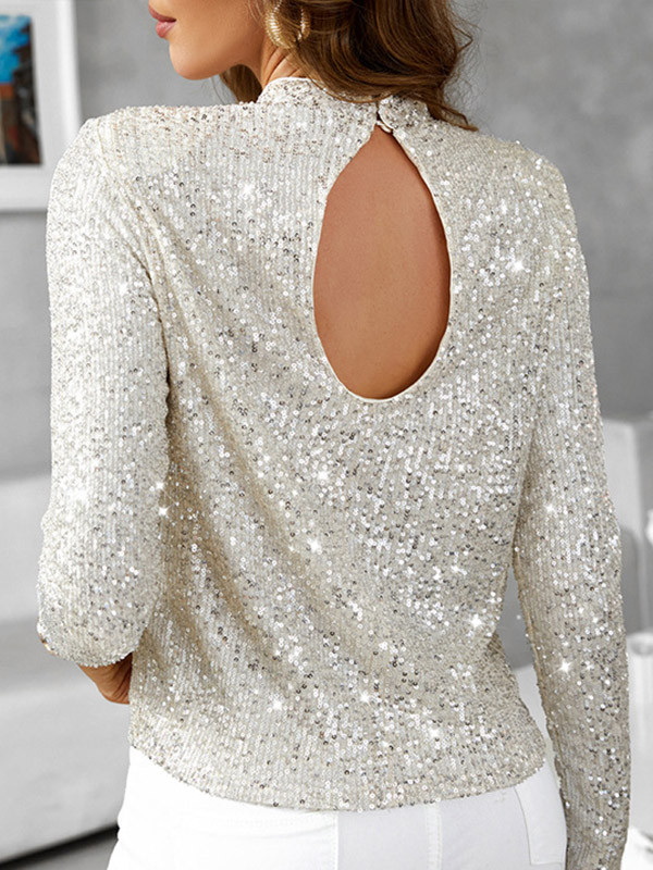 Long Sleeves Sequined Shiny Solid Color Stand Collar T-Shirts Tops